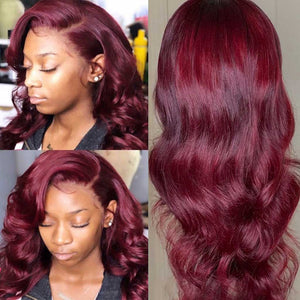 Burgundy-99J-colored-lace-front-wig-180%-density-transparent-body-wave-lace-frontal-wigs
