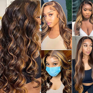 Highlight-Wig-Piano-Color-4-27-Ombre-Honey-Blonde-Body-Wave-Hair-13x4 -Transparent-Lace-Frontal-Wigs-Pre-Pluked